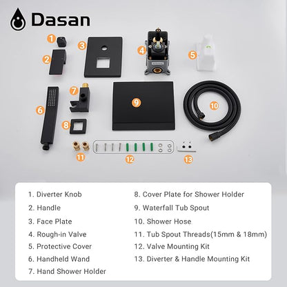 Upgraded Wall Mount Tub Filler Faucet with Handheld Shower, DASAN Modern Wall Mounted Bathtub Faucet Matte Black High Flow Waterfall Tub Faucet with Rough in Valve, SA-TF04WH-MB