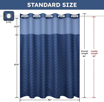 No Hook Shower Curtain and Snap in Liner Set Navy Blue Tufted Chevron Striped Cloth Waterproof Washable Fabric Boho Bath Curtain with See Through Mesh Top Window for Bathroom Hotel 71" x 86"