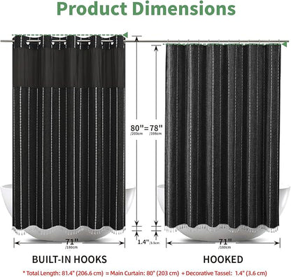 No Hook Long Shower Curtain Set with Snap-in Fabric Liner,Linen Textured Thick Striped Fabric with Tassels,Boho Farmhouse Rustic Luxury Bathroom Curtain,Water-Repellent,Black,71x80