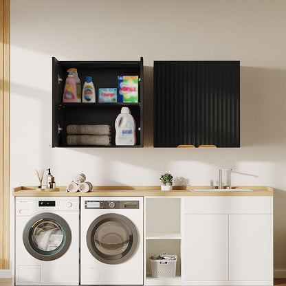 ChooChoo Bathroom Wall Cabinet, Kitchen Storage Cupboard Cabinet with 2 Doors, Fluted Laundry Room Cabinet for Bathroom, Kitchen, Garage, Black