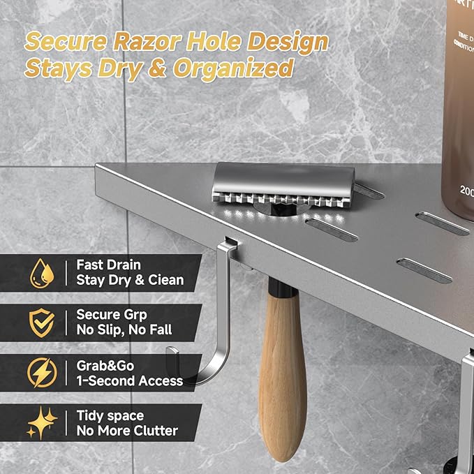 Corner Shower Shelf 10" Silver 304 Stainless Steel Recessed Shelf for Bathroom，Shower Corner Rack with Razor Hole Hook， Grout in Shelf for Tiled Wall, 2 Pack