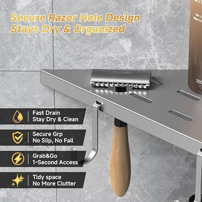 Corner Shower Shelf 10" Silver 304 Stainless Steel Recessed Shelf for Bathroom，Shower Corner Rack with Razor Hole Hook， Grout in Shelf for Tiled Wall, 2 Pack