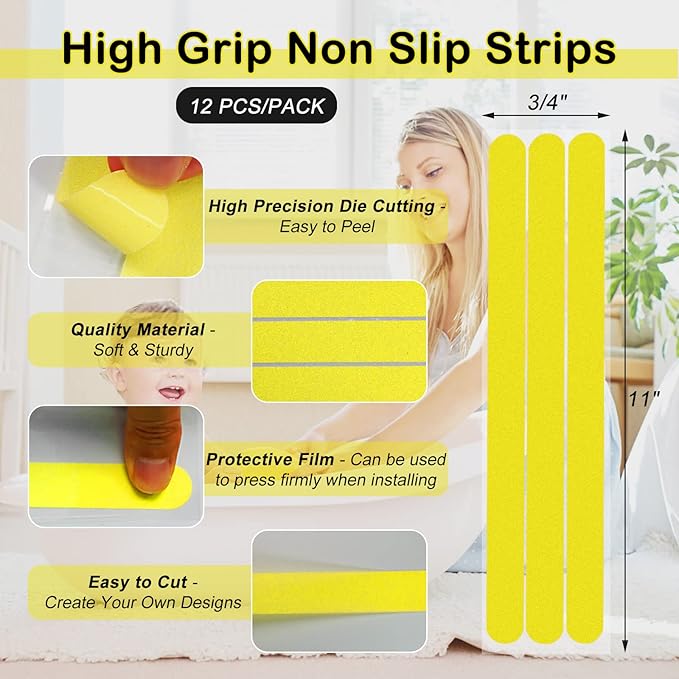 S&X Non Slip Bath Stickers,Gritty Textured Slip-Resistant Treads,0.75-Inch by 11-Inch,12 Strips Per Pack (Yellow)