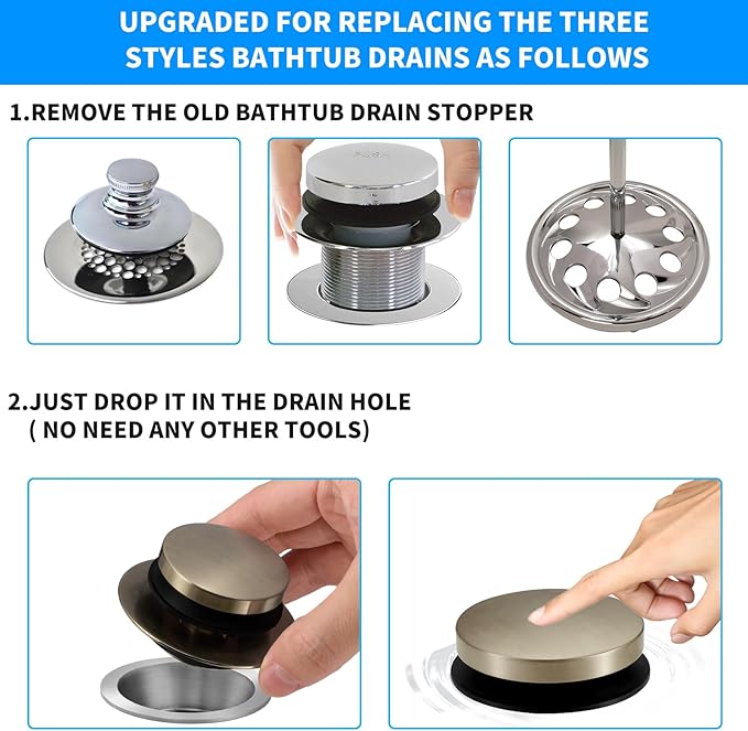 Bathtub Drain Stopper, Uxoz Universal Tub Stopper for Replacing Tip Toe/Trip Lever/Lift&Turn Tub Drain, Bath Tub Drain Stoppers Desiged for 1.5"-1.72" Drain Hole w/3 O-Rings, Brushed Silver