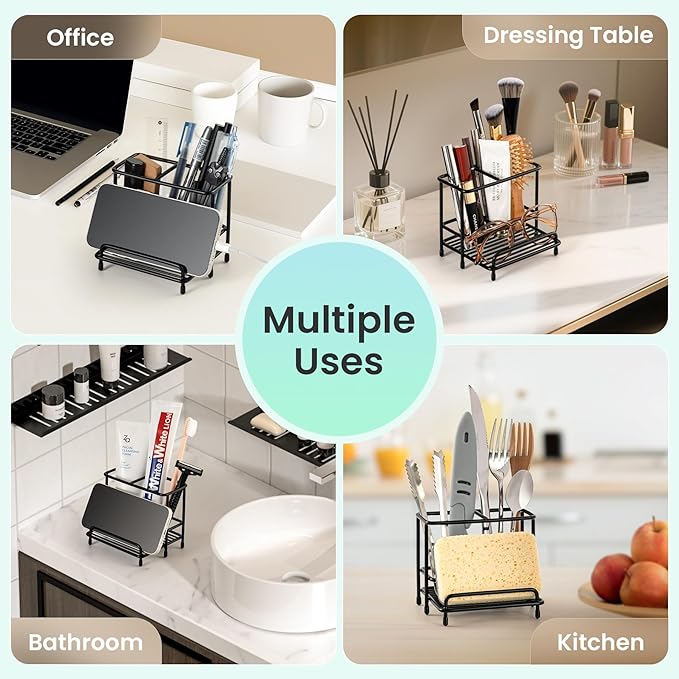 Mustry Toothbrush Holders for Bathrooms, Black Toothbrush Organizer with Front Ledge for Phone Holder, Stainless Steel Toothbrush and Toothpaste Holder Stand for Bathroom Countertop Accessories Storag
