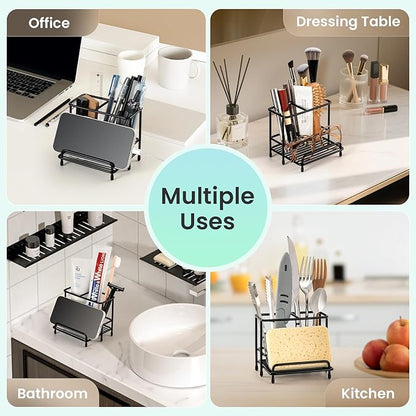 Mustry Toothbrush Holders for Bathrooms, Black Toothbrush Organizer with Front Ledge for Phone Holder, Stainless Steel Toothbrush and Toothpaste Holder Stand for Bathroom Countertop Accessories Storag