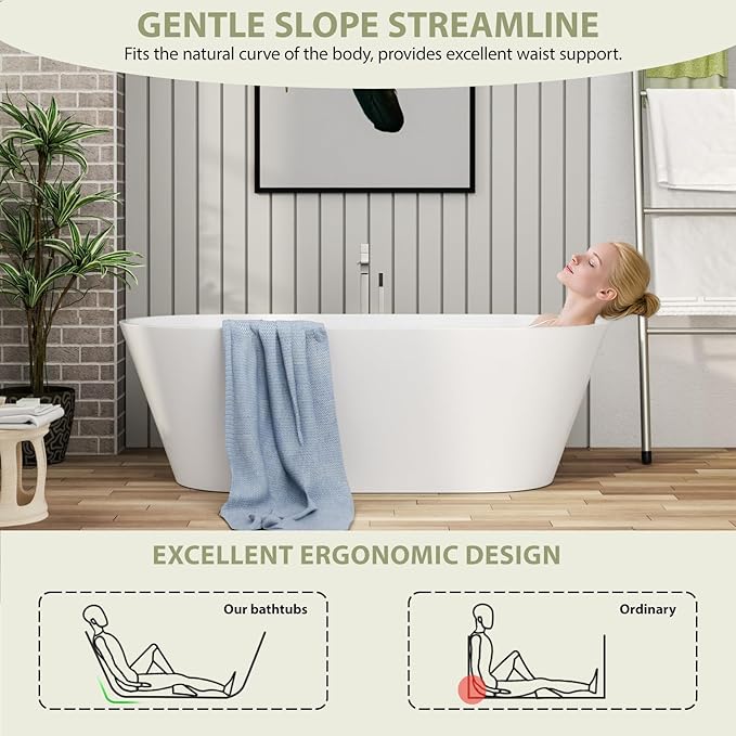 67" Acrylic Freestanding Bathtub - Mocloo Modern Elegant Soaking Stand Alone Bathroom Tub, Matte White, Overflow and Black Offset Drain