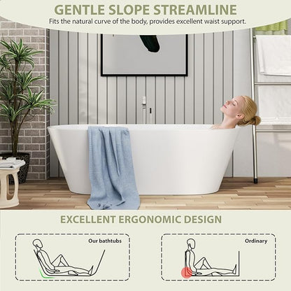 67" Acrylic Freestanding Bathtub - Mocloo Modern Elegant Soaking Stand Alone Bathroom Tub, Matte White, Overflow and Black Offset Drain