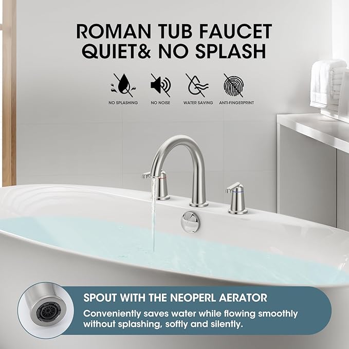 High Flow Roman Tub Faucet with Valve, Widespread Solid Brass 3 Hole Bathtub Faucet, 2 Handle Deck Mount Bath Tub Filler with Supply Water Hoses, Brushed Nickel