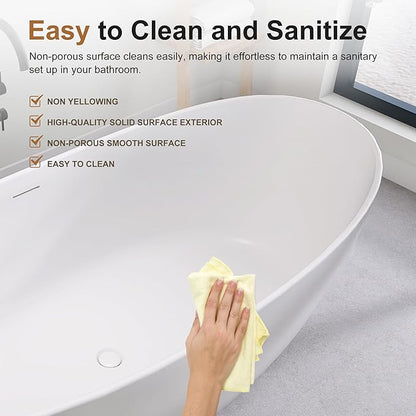 SJ STAR&JANE 73" Solid Surface Freestanding Bathtub Stone Resin Tub Oval Double Slippers Stand Alone Soaking Tub with Pop-up Drain and Overflow, Matte White