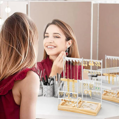 DreamGenius Jewelry Organizer Stand with Velvet Ring Holder, 4 Tier Jewelry Holder Organizer with 11 Hooks for Necklaces and 132 Holes for Earrings, White