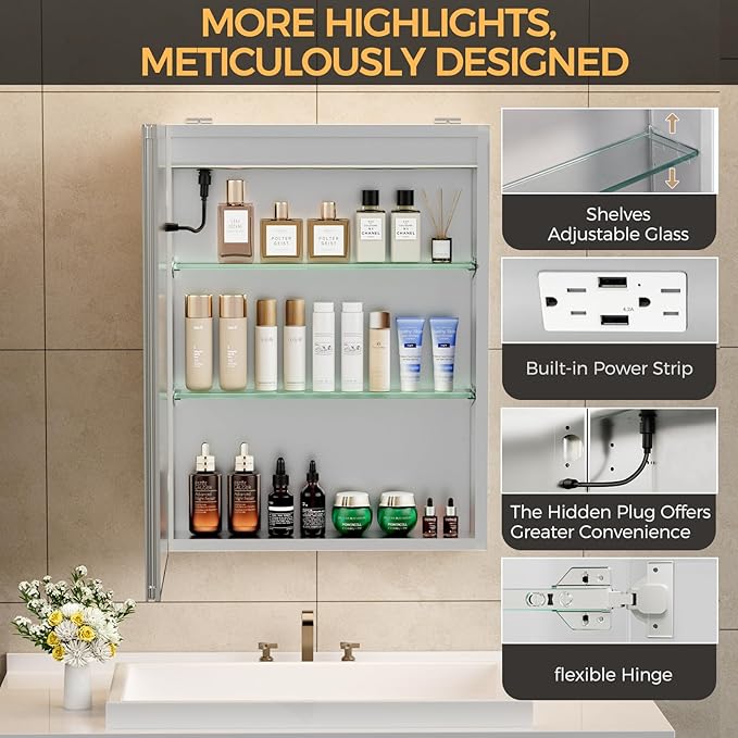 LED Bathroom Mirror 20 * 26 Stepless Dimmable Wall Mirrors with Anti-Fog, Shatter-Proof, Memory, 3 Colors, Memory Function, Water Proof, Decor Vanity Mirror
