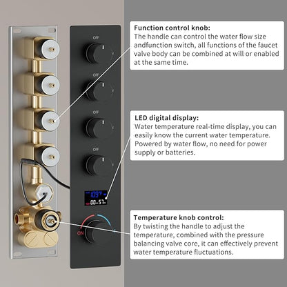 Shower Faucet Set Matte Black Shower System with 12 inch Ceiling Mounted Shower Head and Dual 8 inch Wall Mounted Shower Head, Digital Display Shower Fixtures with Handheld Spray
