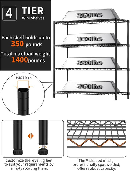 4 Tier Adjustable Storage Shelves,Heavy Duty Metal Utility Shelf 1400LBS Capacity Wire Shelving Unit Organizer Rack for Kitchen Office Pantry Room 18" D x 46" W x 59" H Black
