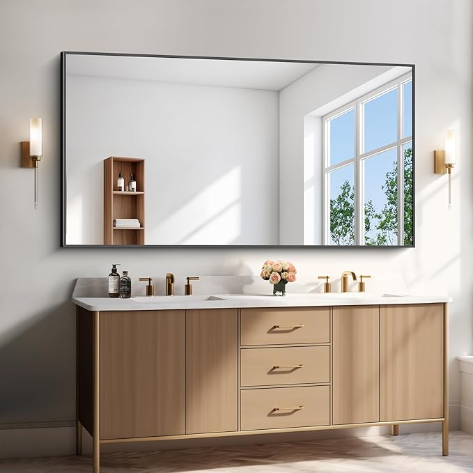 BONEWEI Bathroom Mirror,72x36 inch Bathroom Mirrors for Over Sink,Large Wall Mirror for Bathroom Wall Mounted Rectangle Mirrors,Black Vanity Mirror for Living Room,Bedroom Entryway,Horizontal/Vertical