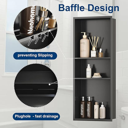 Neodrain 12X30 in Shower Niche, Gun Metal 3-Tier Wall Niche Stainless Steel Cabinet No Tile Needed Recessed Niche for Bathroom Storage