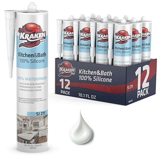 Kraken Bond Premium Kitchen and Bathroom Silicone Caulk White - (12x10.1 fl.oz) RTV White Caulking Silicone Waterproof for Kitchen, Bathroom, Shower, Sink, Anti Shrink 100% Silicone Caulking | 12 Pack
