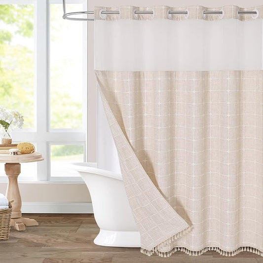 MitoVilla No Hooks Required Farmhouse Shower Curtain with Snap-in Liner - with Window & Magnets, Boho Cotton Linen Fabric Shower Curtains with Tassels for Rustic Bathroom Decor, Beige/Cream, 72 x 74