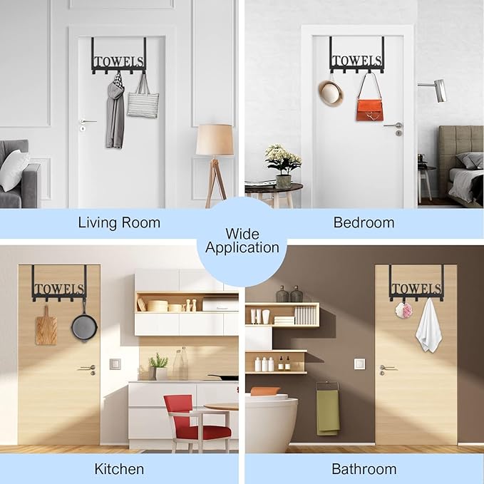 Over The Door Hooks, Towel Rack for Bathroom Towel Holder for Hanging Heavy Duty,Towel Hanger with 5 Hooks for Bedroom Bathroom Kitchen, Black