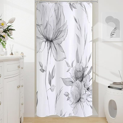 Small Stall Boho Watercolor Floral Shower Curtain 36 x 72, Grey Ink Painting Style Flower Shower Curtains for Chic Elegant Bathroom, Artistic Narrow Half Size Shower Curtain
