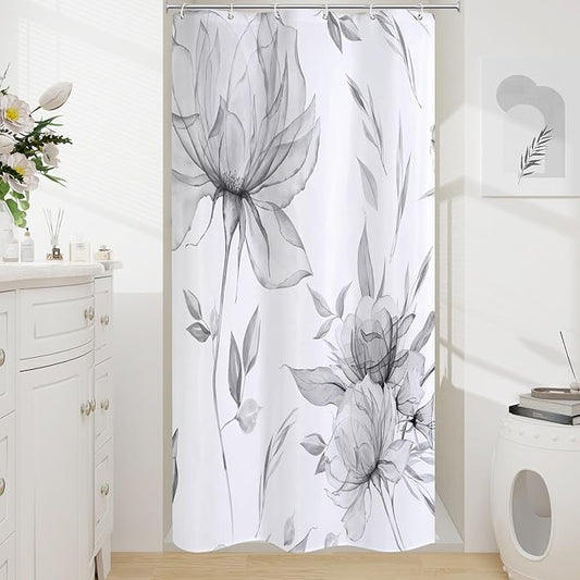 Small Stall Boho Watercolor Floral Shower Curtain 36 x 72, Grey Ink Painting Style Flower Shower Curtains for Chic Elegant Bathroom, Artistic Narrow Half Size Shower Curtain