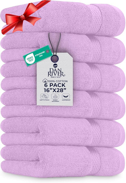 DAN RIVER 6-Pack Premium Hand Towels (16x28 Inches) - 100% Cotton, Ultra Soft, Lightweight, Highly Absorbent Towels for Bathroom, Spa, Gym, Salon, Hotel, and Travel - 550 GSM - Lavender
