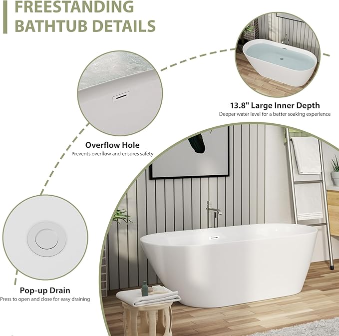 Mocoloo 67" Acrylic Freestanding Bathtub Contemporary Soaking White Bath Tub with Gold Overflow and Drain