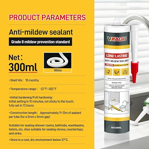 VGS 798 Professional Silicone Sealant Caulk 10.15 Oz Cartridge, 12 Pack - for Kitchen & Bathroom, White, 100% Waterproof Silicone Sealant,Shrink & Crack Proof