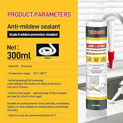 VGS 798 Professional Silicone Sealant Caulk 10.15 Oz Cartridge, 12 Pack - for Kitchen & Bathroom, White, 100% Waterproof Silicone Sealant,Shrink & Crack Proof