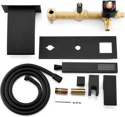 sumerain Bathtub Wall Faucet Matte Black with Waterfall Spout and Hand Shower, High Flow