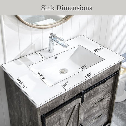 30" Farmhouse Bathroom Vanity with Sink, Freestanding Bathroom Storage Vanity Cabinet w/Sliding Barn Door & 3 Drawers, Adjustable Shelves, Light Grey