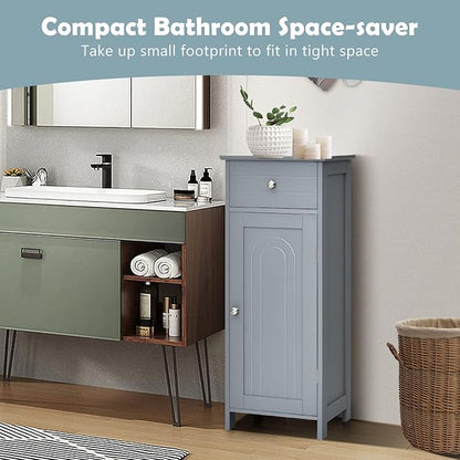 COSTWAY Bathroom Storage Cabinet, Single Door Floor Cabinet with Drawer and 3-Level Adjustable Shelves, Modern Side Storage Organizer with Anti-Tipping Device for Living Room, Bedroom (Gray)