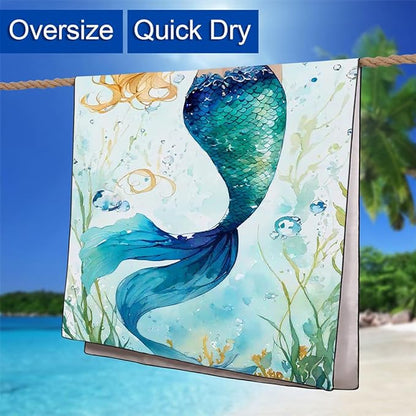 Blue-Green Scallop Mermaid Tail Beach Towel 36"x72" Golden Highlights Quick Dry Microfiber Swim Gear
