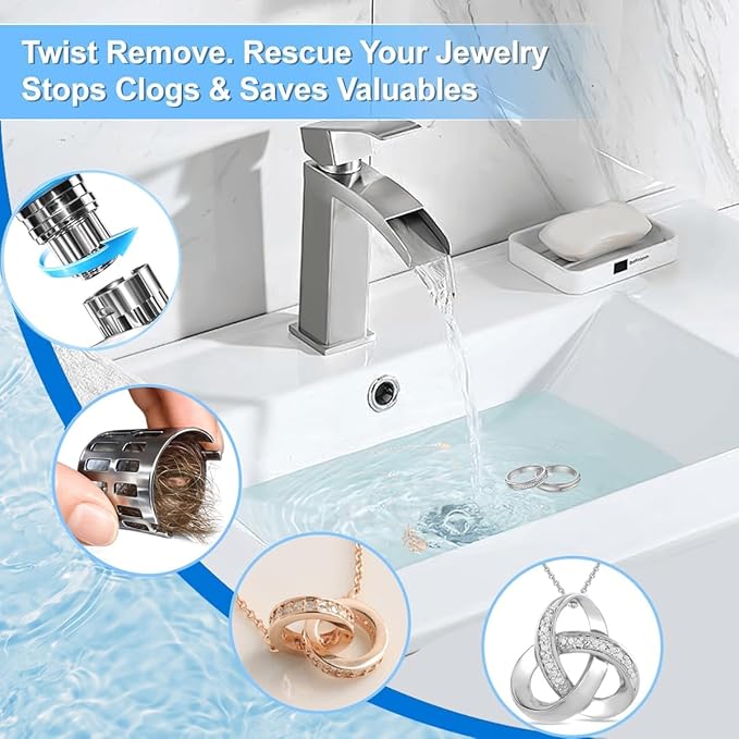 Bathroom Sink Stopper, Pop Up Drain for Bathroom Sink, Sink Plug Hair Catcher, Silent Popper Core with Removable Stainless Steel Filter Basket (Brushed Nickel, 2 Pack)