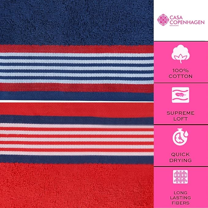 CASA COPENHAGEN He & She 6 Pieces Towel Set- American Blue + Red, 550 GSM 2 Bath Towel 2 Hand Towel 2 Washcloth, Designed in Denmark Made of Soft Egyptian Cotton for Bathroom, Kitchen & Shower
