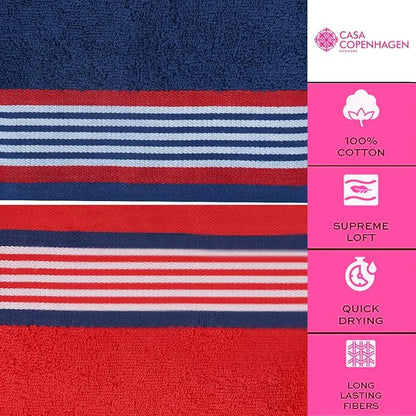 CASA COPENHAGEN He & She 6 Pieces Towel Set- American Blue + Red, 550 GSM 2 Bath Towel 2 Hand Towel 2 Washcloth, Designed in Denmark Made of Soft Egyptian Cotton for Bathroom, Kitchen & Shower