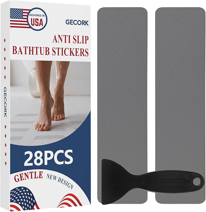 28 PCS Shower Floor Non Slip Stickers with Strong Adhesive, Invisible & Durable Anti Slip Shower Stickers with Scraper for Bath Tub, Pools and Stairs(Grey,Wide Rectangle)