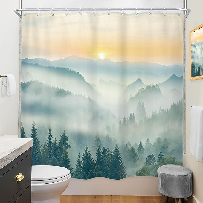 Riyidecor Extra Long Mountain Shower Curtain 72Wx78H Inch Green Yellow Sunset Sunrise Misty Scenery Landscape Nature Woodland Greenery View Bathroom Decor Fabric Polyester Waterproof 12 Pack Hooks