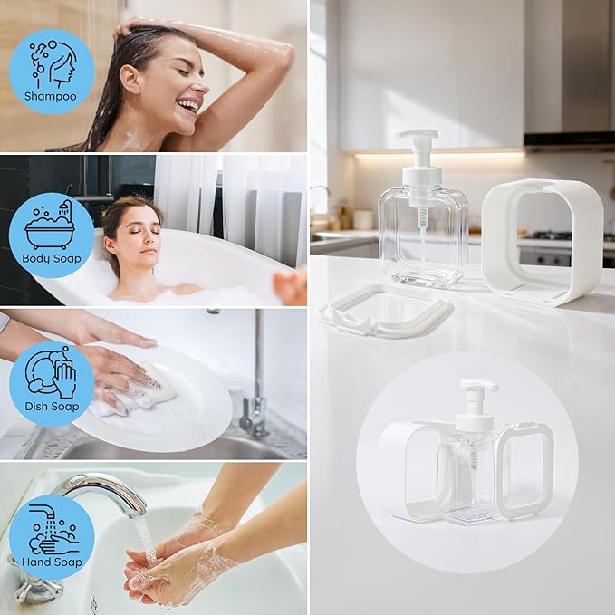 Segbeauty 10.1oz Foam Hand Soap Dispenser with Waterproof Labels, 300ml Square Foam Hand Dispenser or Bathroom & Kitchen Sink, Empty Refillable White Foaming Dish Wash Dispenser Pumping Containers