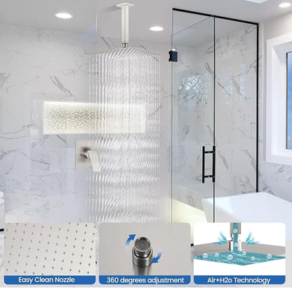 Airuida Shower Faucet Set and Handle Set Single Function Shower Trim Kit Ceiling Mount Rainfall Shower System with Male Threads and Rough-in Valve 12 Inch Square Shower Head Brushed Nickel