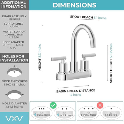 VXV Bathroom Faucet 4 Inch 2 Handle Centerset Sink Faucet 360 Swivel Spout with Pop-up Drain Chrome