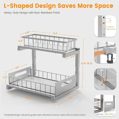2 Pack Under Sink Organizer, Heavy Duty Meta Slide Out Sink Shelf Organizer Height Adjustable, Multi-Purpose Storage Shelf for Kitchen Bathroom (Silver,2Pack)