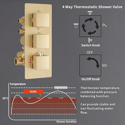 Thermostatic Shower System Brushed Gold Shower Faucet Set, Four Modes Shower Faucet with 4 PCS Body Jet, Handheld Spray, Ceiling Mount 12 inch Shower Head with 8 inch Wall Mount Shower Head