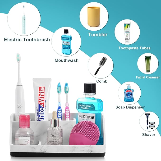 VITVITI Toothbrush Holder for Bathroom, Resin Bathroom Organizer Countertop Sink, Bathroom Counter Organizer Accessories 5 Compartment Storage for Toothpaste/Vanity, White Marble Color