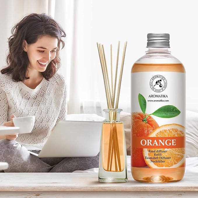 AROMATIKA Orange Reed Diffuser Refill 17 Fl Oz (500ml) - Room Fragrance Diffuser with Natural Essential Orange Oil - Best for Aromatherapy - Home - Kitchen - Office