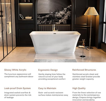 Empava 59 Inch Freestanding Bathtub - Mordern Stand Alone Soaking Tubs with Integrated Drain & Overflow System, White
