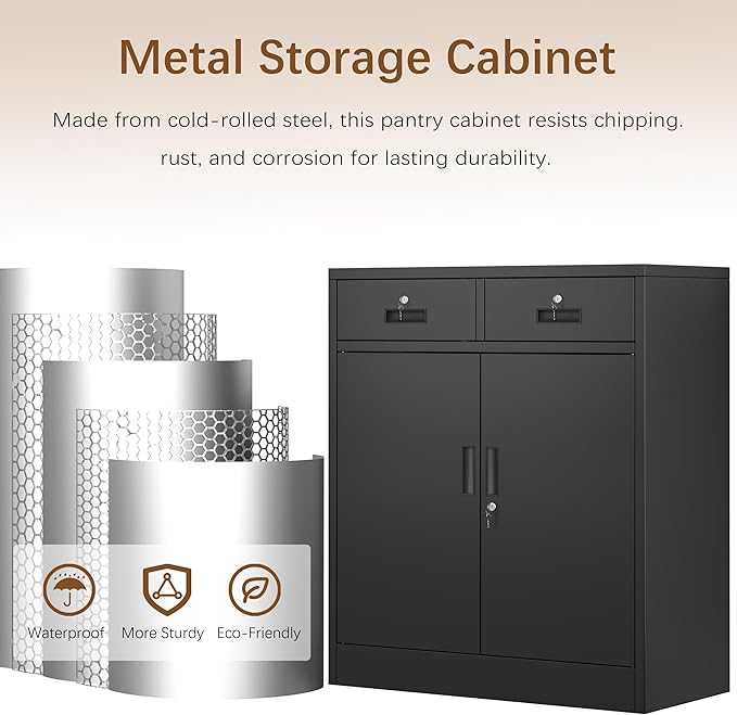 Metal Storage Cabinet with 2 Drawers and Shelves,36"H Locking Kitchen Storage Cabinets,Adjustable Shelf File Cabinet with Doors for Home Office, Garage,Laundry Room,Basement,Utility Room-Black