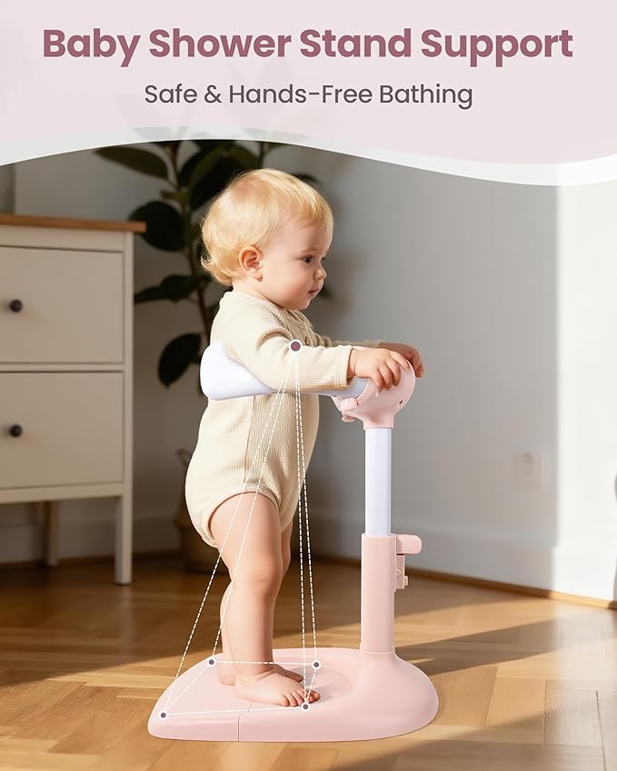 Baby Shower Stand for Infant to Toddler 6–36 Months, Baby Bath Stand Support with Adjustable Height, Anti-Slip Stable Design, Multi-Purpose Toddler Bath Helper, Infant Shower Gifts,Pink