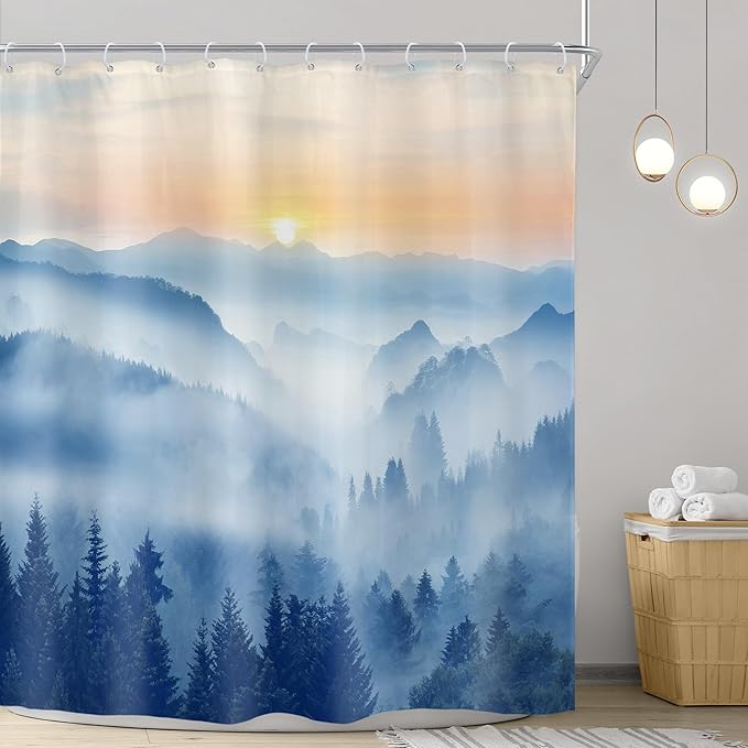 Riyidecor Misty Mountain Shower Curtain 72Wx72H Inch Blue Sunrise Scenery Foggy Woodland Greenery Smokey Tree Nature Pine Scenic Rustic Bathroom Decor Fabric Polyester Waterproof 12 Pack Hooks