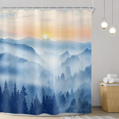 Riyidecor Misty Mountain Shower Curtain 72Wx72H Inch Blue Sunrise Scenery Foggy Woodland Greenery Smokey Tree Nature Pine Scenic Rustic Bathroom Decor Fabric Polyester Waterproof 12 Pack Hooks